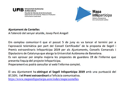 Segell Infoparticipa 2019 i el Premi extraordinari a l’eficàcia comunicativa per a l’Ajuntament de Centelles