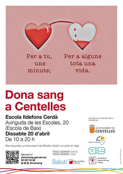Acapte de sang, dissabte 20 d'abril a l'Escola Ildefons Cerdà