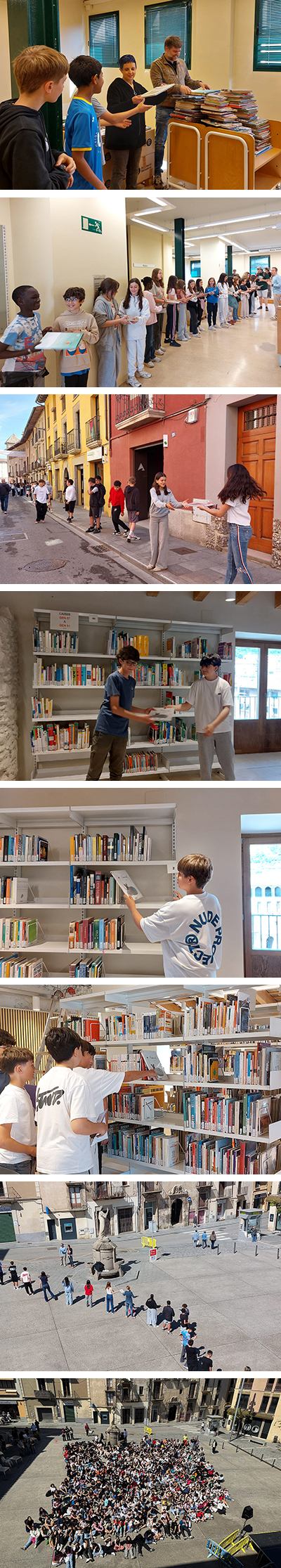 Alumnes de les escoles de Centelles traslladen un miler de llibres a la nova biblioteca Palau dels Comtes