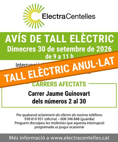 *ANUL·LAT* Avís d'interrupció de subministrament elèctric per dimecres 30 de setembre de 2026