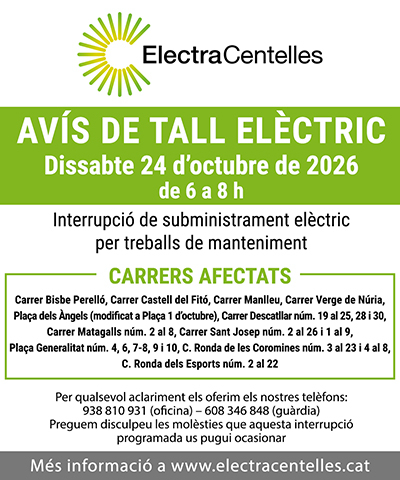 Avís d'interrupció de subministrament elèctric per dissabte 24 d'octubre de 2026